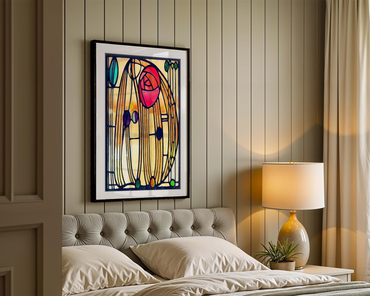 Framed Art Nouveau Rose | Montrose Rose Stained Glass Print | Floral Wall Decor | Jacque Art Print | Romantic Pink Rose Poster