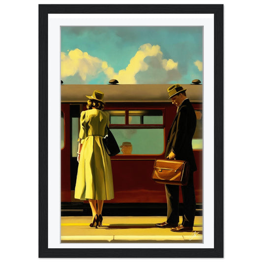 Framed Train Platform Art | Morning Commute Vintage Print | Railway Station Decor | Retro Travel Poster | Mid Century Wall Art | Hallway Art