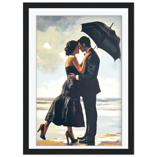 Framed Beach Couple Print | Morning Stroll Umbrella Art | Romantic Seaside Decor | Cinematic Vintage Poster | Jacque Series Wall Art