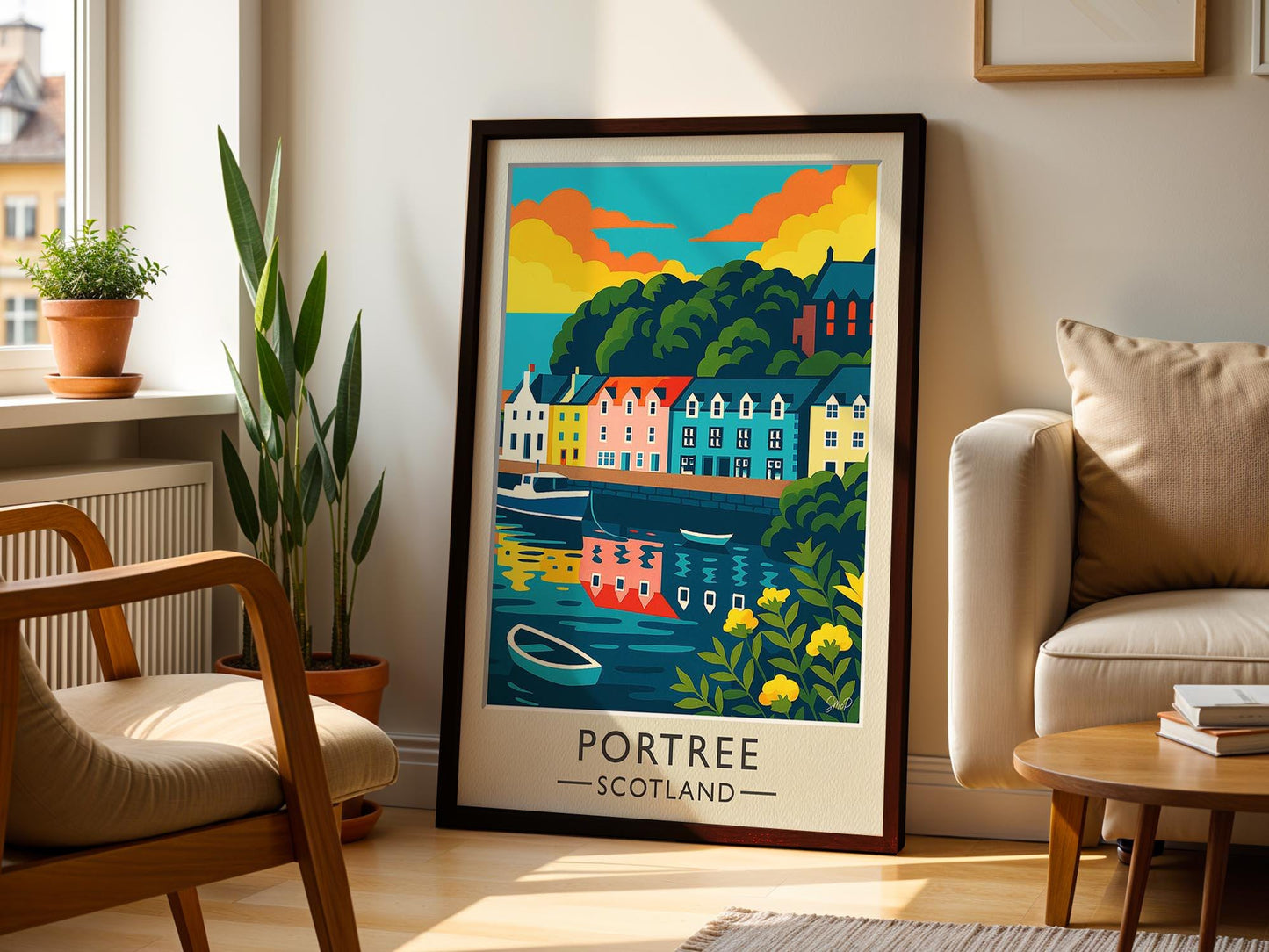 Affiche de voyage Portree Écosse – Estampe artistique colorée du milieu du siècle
