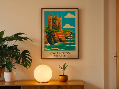 Caithness Vintage Travel Poster - Castle Sinclair Girnigoe Ruins - Retro Scotland Art - Wood Frames