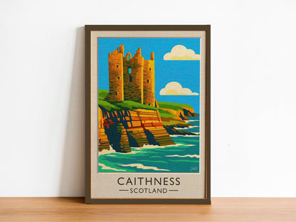 Caithness Vintage Travel Poster - Castle Sinclair Girnigoe Ruins - Retro Scotland Art - Wood Frames
