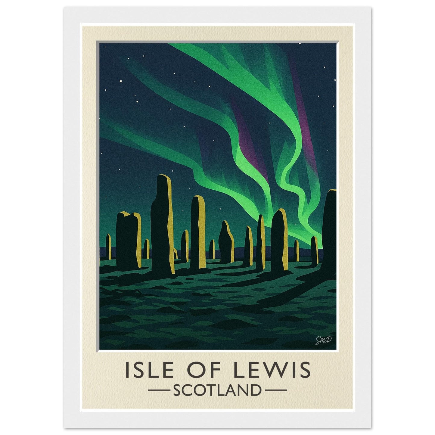 Isle of Lewis Vintage Poster – Callanish Stones, Aurora Scotland Art