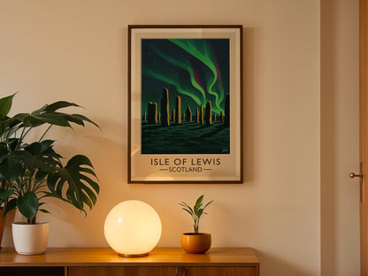 Isle of Lewis Vintage Poster – Callanish Stones, Aurora Scotland Art