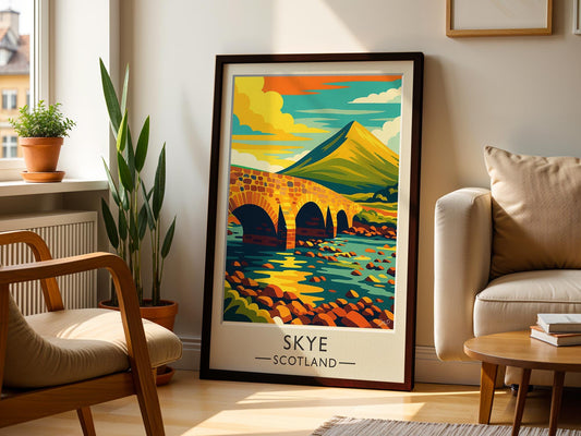 Isle of Skye Travel Poster – Sligachan Bridge, Cuillin Peaks Retro Art