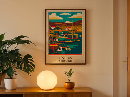 Isle of Barra Vintage Travel Poster – Outer Hebrides Fishing Harbor Art