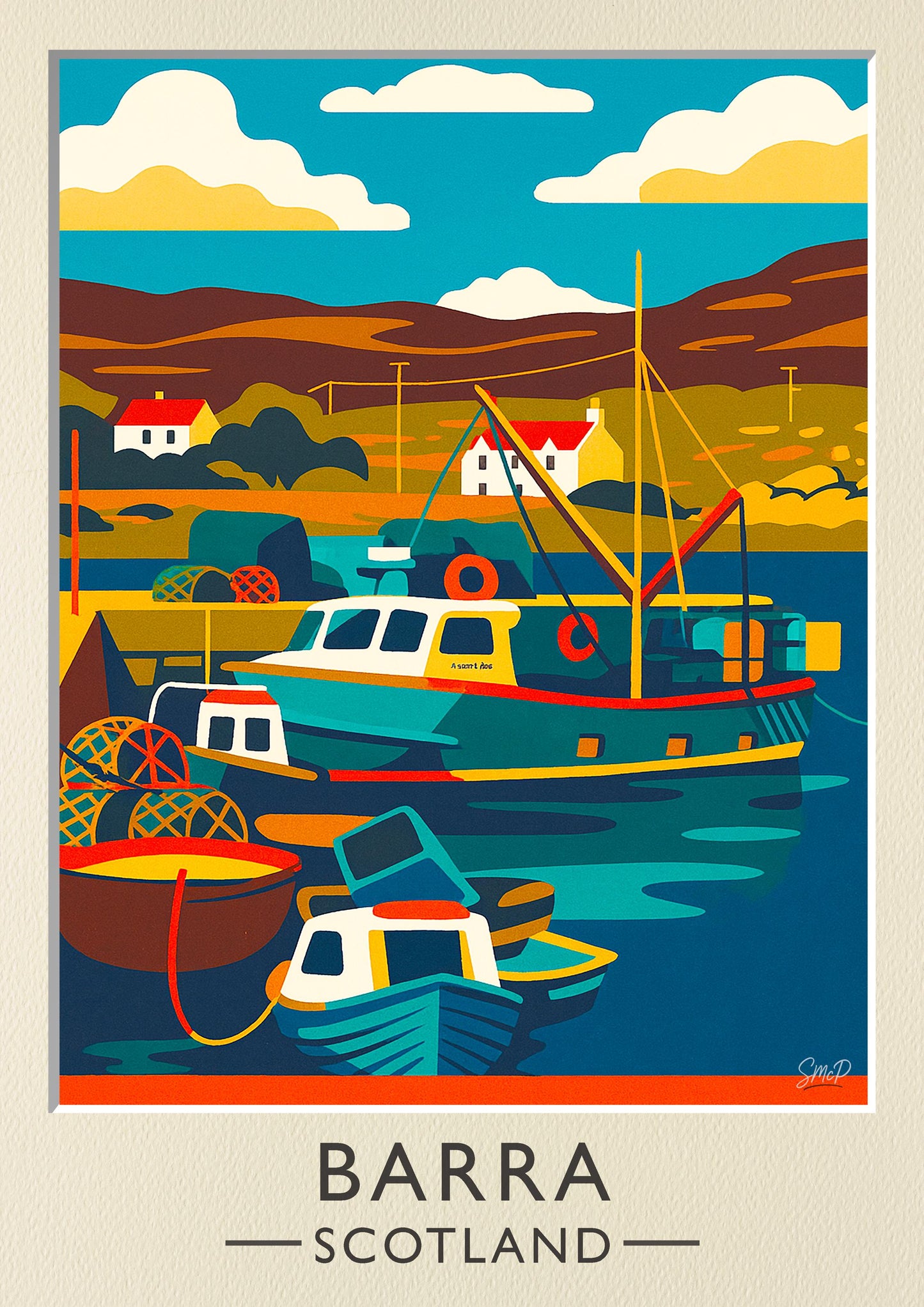 Isle of Barra Vintage Travel Poster – Outer Hebrides Fishing Harbor Art