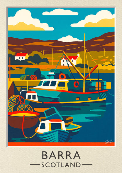 Isle of Barra Vintage Travel Poster – Outer Hebrides Fishing Harbor Art