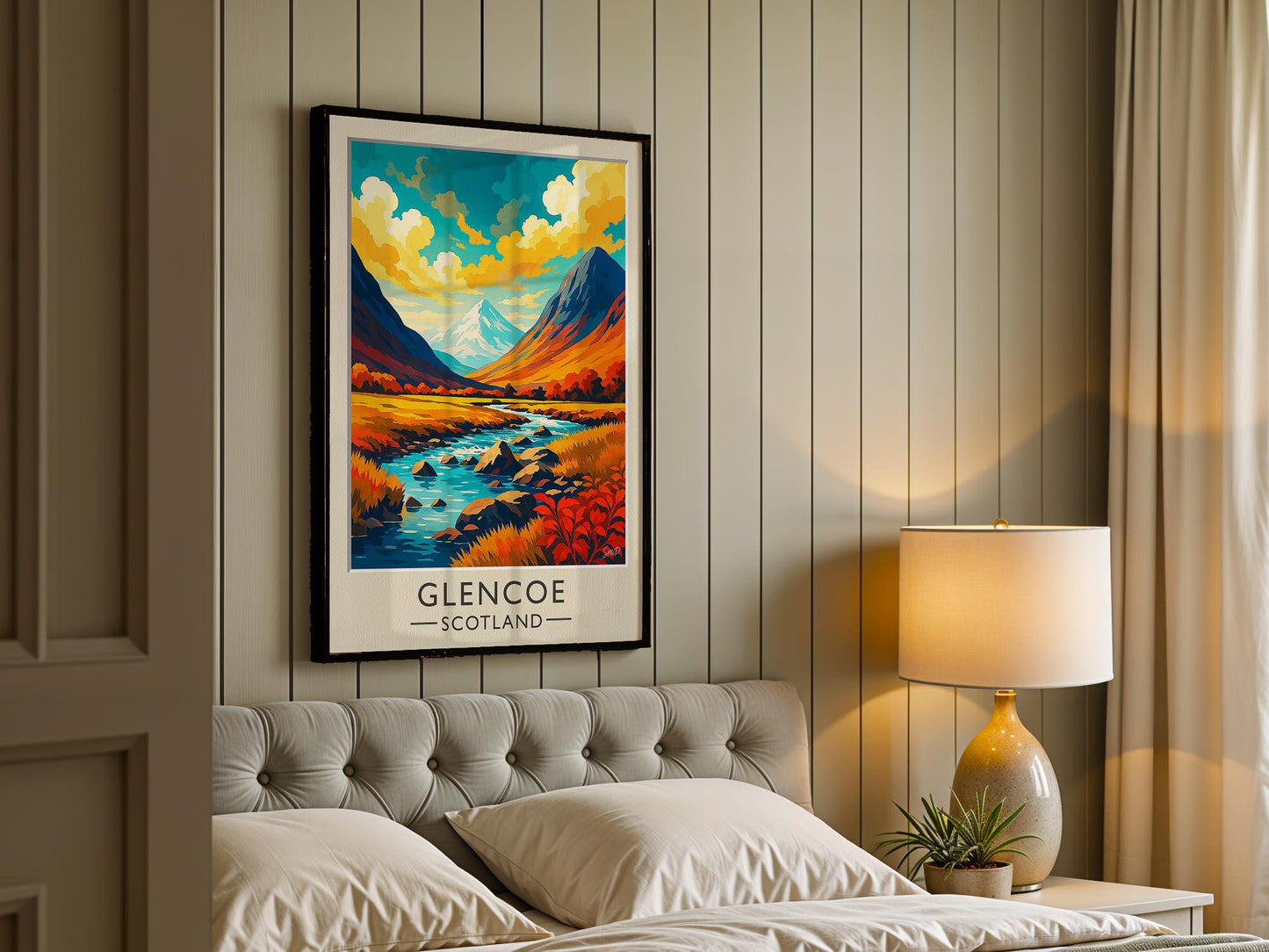 Glencoe Scotland Vintage Travel Poster - Dramatic Highland Peaks & River - Retro Wall Art -  Wood Frames