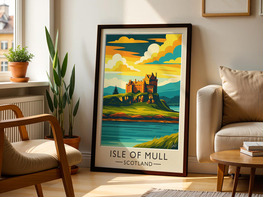 Isle of Mull Vintage Travel Poster – Duart Castle Scotland Wall Art (Mid-Century Style)