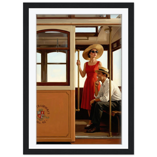 Jacque En Route – Vintage Tram Travel Art Print, Mid-Century Modern Romantic Couple Illustration, Retro Wall Decor for Living Room