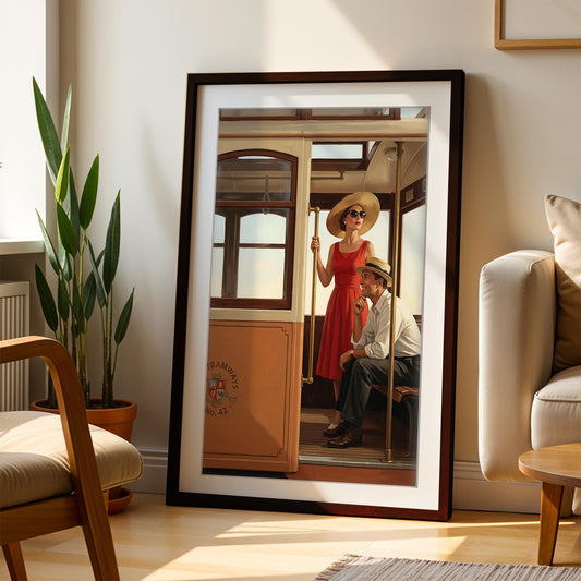 Jacque En Route – Vintage Tram Travel Art Print, Mid-Century Modern Romantic Couple Illustration, Retro Wall Decor for Living Room