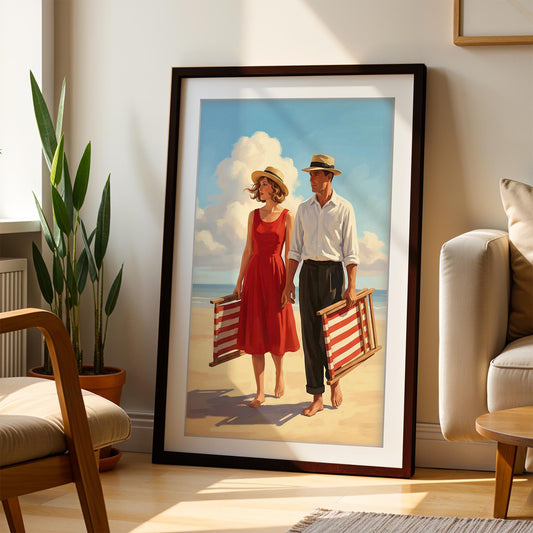 Jacque Finding the Perfect Spot Beach Print, Mid Century Modern Wall Art, Retro Coastal Couple Illustration, Framed Giclee Art, Summer Decor