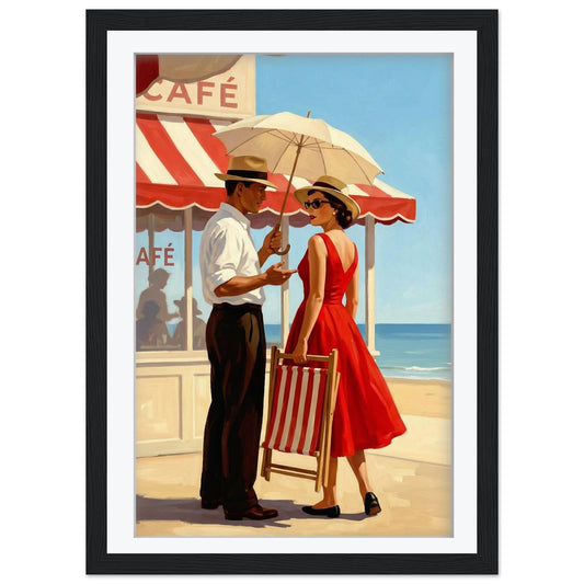 Jacque Noon Rendezvous Vintage Beach Café Print, Mid Century Modern Wall Art, Retro Coastal Couple Illustration, Framed, Summer Decor