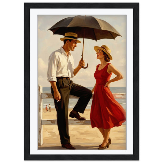 Jacque The Coastal Charmer Vintage Beach Print, Mid Century Modern Wall Art, Retro Romantic Couple Illustration, Framed Giclee, Summer Decor