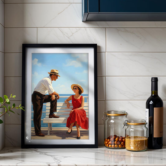 Jacque The Sun-Drenched Secret Vintage Beach Print, Mid Century Modern Wall Art, Retro Coastal Couple Illustration, Framed Giclee Art