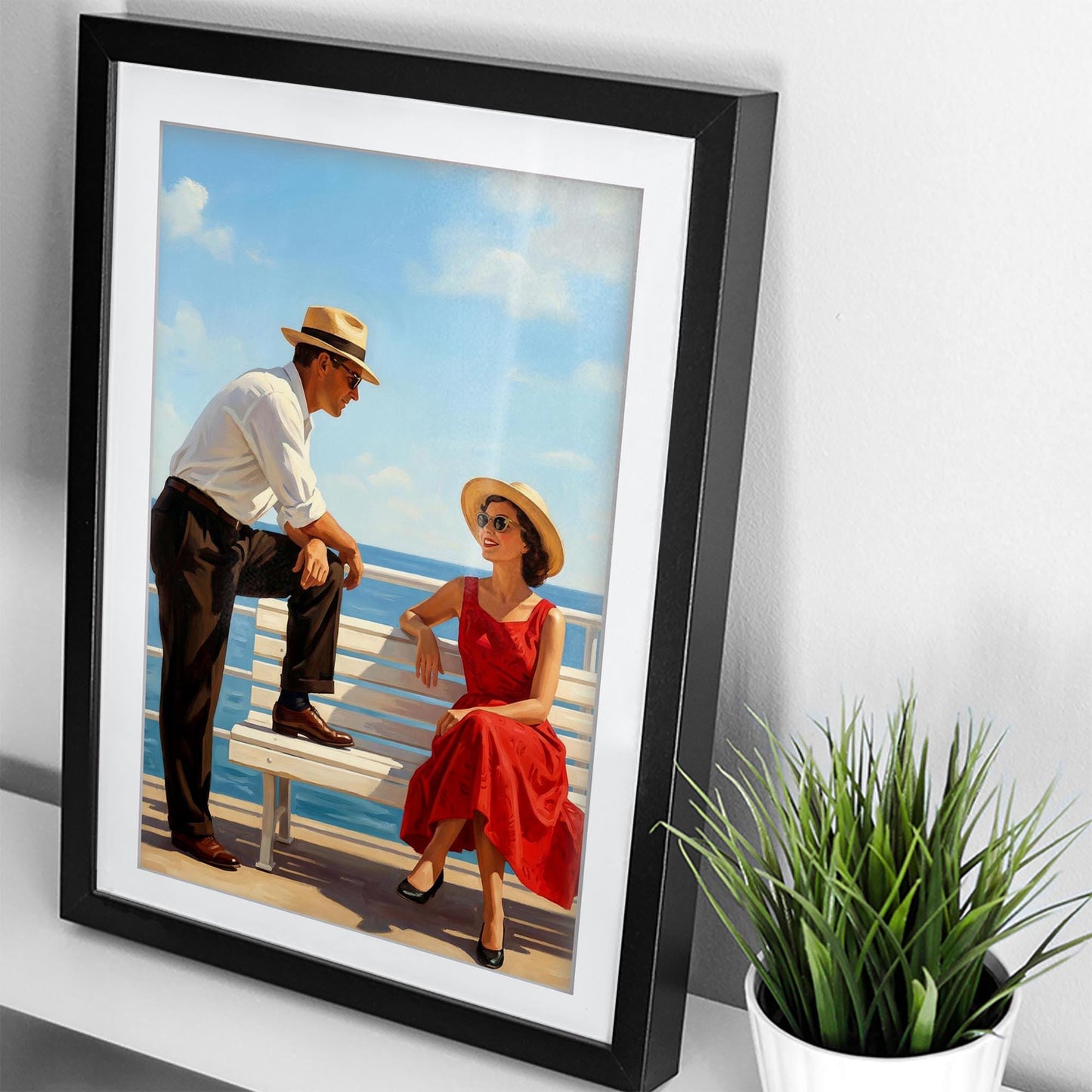 Jacque The Sun-Drenched Secret Vintage Beach Print, Mid Century Modern Wall Art, Retro Coastal Couple Illustration, Framed Giclee Art