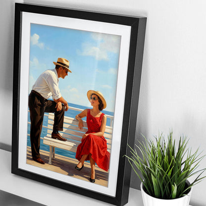 Jacque The Sun-Drenched Secret Vintage Beach Print, Mid Century Modern Wall Art, Retro Coastal Couple Illustration, Framed Giclee Art