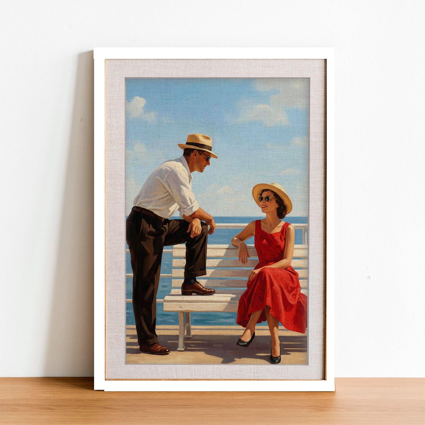 Jacque The Sun-Drenched Secret Vintage Beach Print, Mid Century Modern Wall Art, Retro Coastal Couple Illustration, Framed Giclee Art