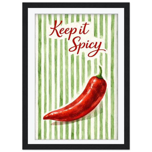 Keep it Spicy Red Chili Art Print, Kitchen Wall Art Decor, Watercolor Pepper Poster, Foodie Gift, Framed Kitchen Print, Green Striped Decor