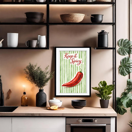 Keep it Spicy Red Chili Art Print, Kitchen Wall Art Decor, Watercolor Pepper Poster, Foodie Gift, Framed Kitchen Print, Green Striped Decor