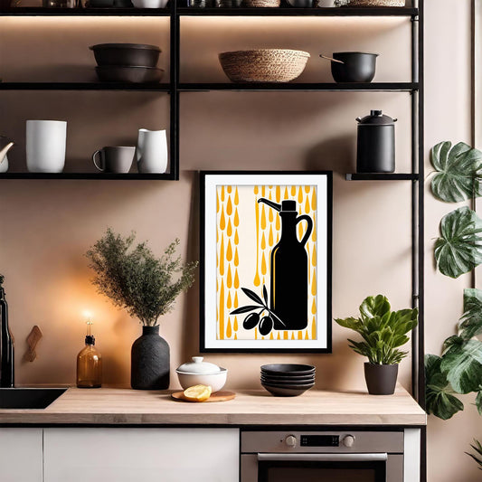 Olive Oil Art Print, Retro Italian Kitchen Poster, Striped Still Life Wall Art, Mediterranean Dining Decor, Framed Giclee Kitchen Print