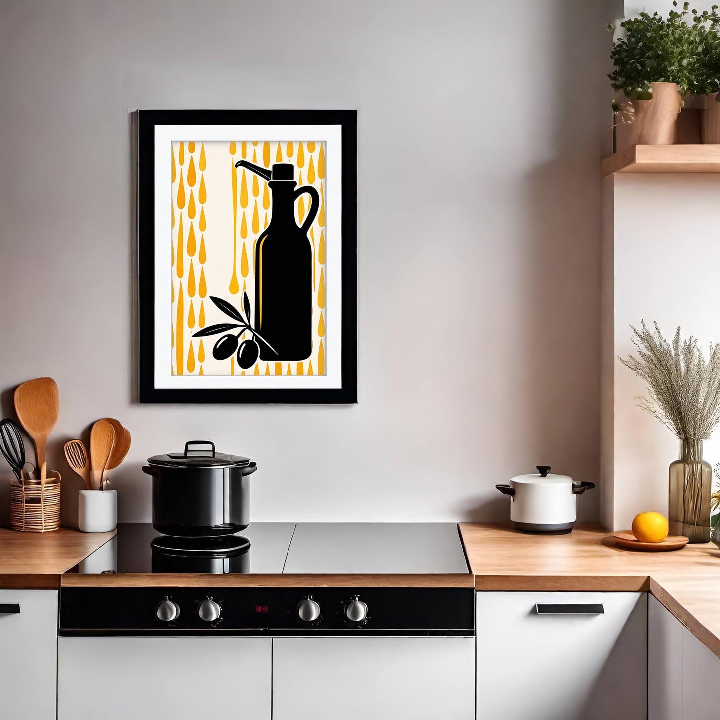 Olive Oil Art Print, Retro Italian Kitchen Poster, Striped Still Life Wall Art, Mediterranean Dining Decor, Framed Giclee Kitchen Print