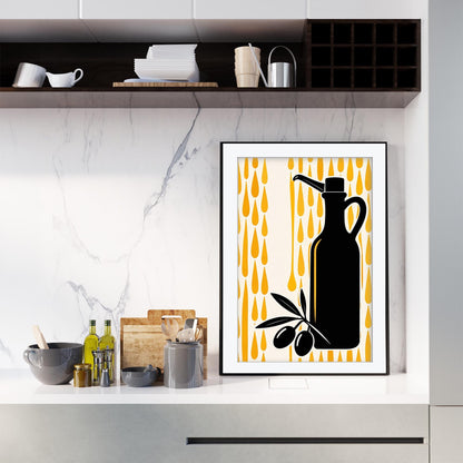 Olive Oil Art Print, Retro Italian Kitchen Poster, Striped Still Life Wall Art, Mediterranean Dining Decor, Framed Giclee Kitchen Print