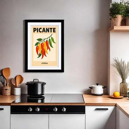 Picante Chilli Art Print, Spicy Kitchen Wall Art, Retro Red Chili Poster, Eclectic Kitchen Decor, Mexican Food Art, Giclee Print, Framed Art