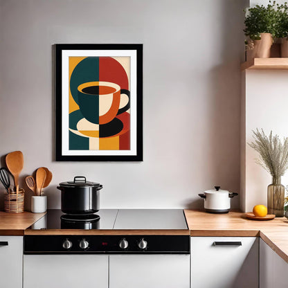 Mid Century Coffee Cup Print, Bauhaus Kitchen Wall Art, Retro Abstract Coffee Poster, Minimalist Cafe Decor, Framed Giclee Art, Coffee Gift