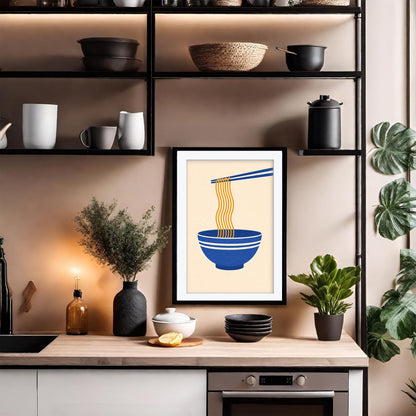 Ramen Noodles Art Print, Minimalist Japanese Kitchen Wall Art, Blue Bowl Noodle Poster, Modern Asian Food Decor, Framed Giclee Dining Art