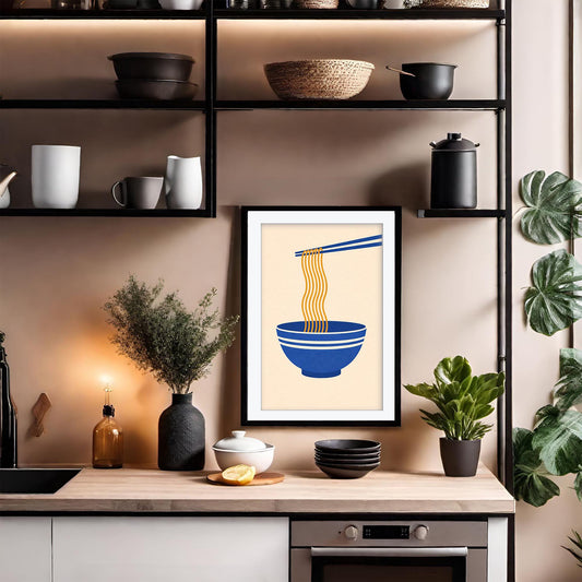 Ramen Noodles Art Print, Minimalist Japanese Kitchen Wall Art, Blue Bowl Noodle Poster, Modern Asian Food Decor, Framed Giclee Dining Art