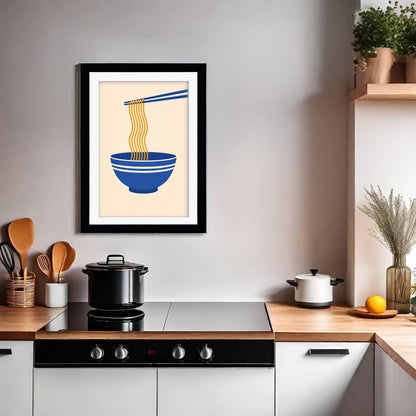 Ramen Noodles Art Print, Minimalist Japanese Kitchen Wall Art, Blue Bowl Noodle Poster, Modern Asian Food Decor, Framed Giclee Dining Art