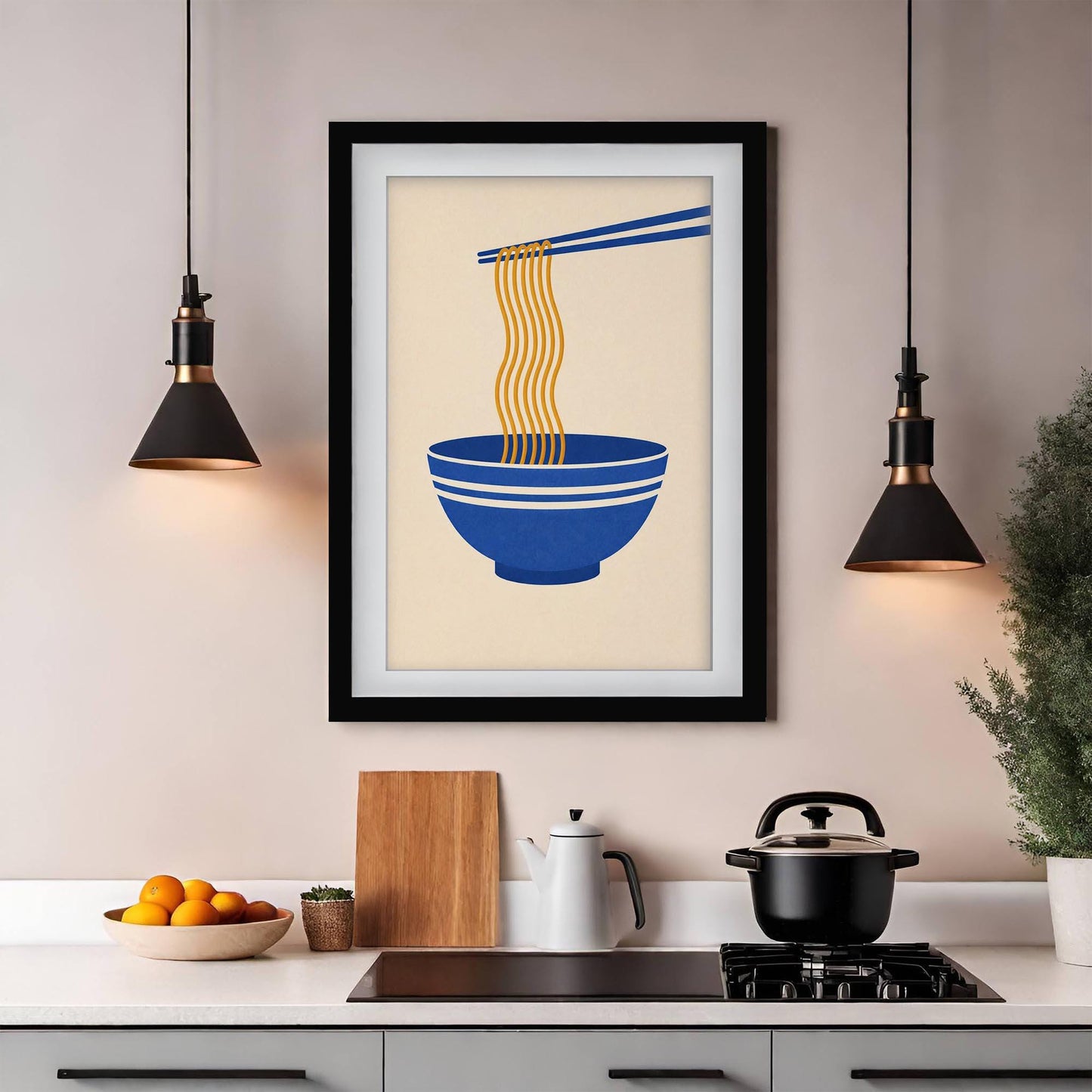Ramen Noodles Art Print, Minimalist Japanese Kitchen Wall Art, Blue Bowl Noodle Poster, Modern Asian Food Decor, Framed Giclee Dining Art
