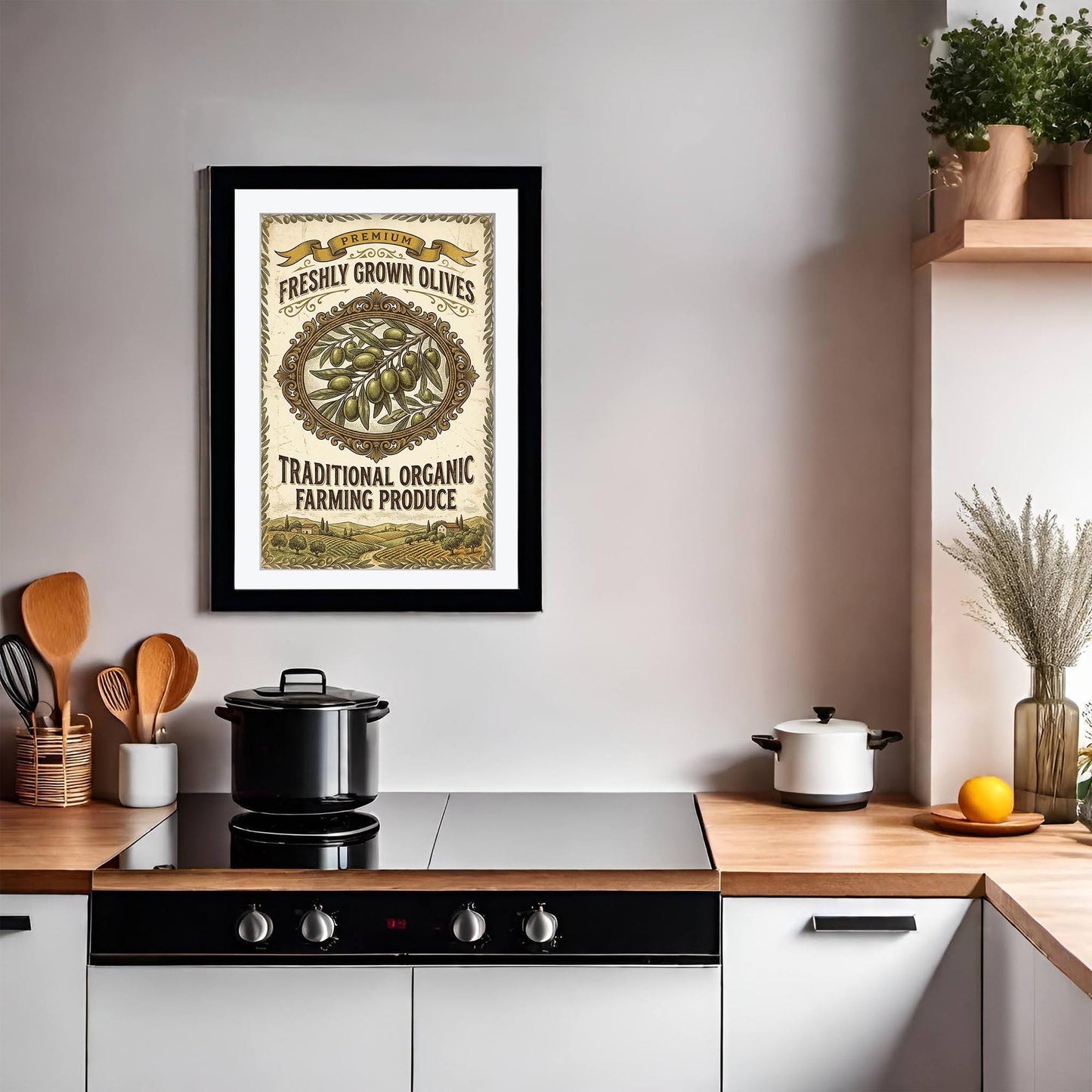 Premium Olive Art Print, Retro Italian Kitchen Poster, Organic Produce Wall Art, Mediterranean Dining Decor, Framed Giclee Art, Foodie Gift