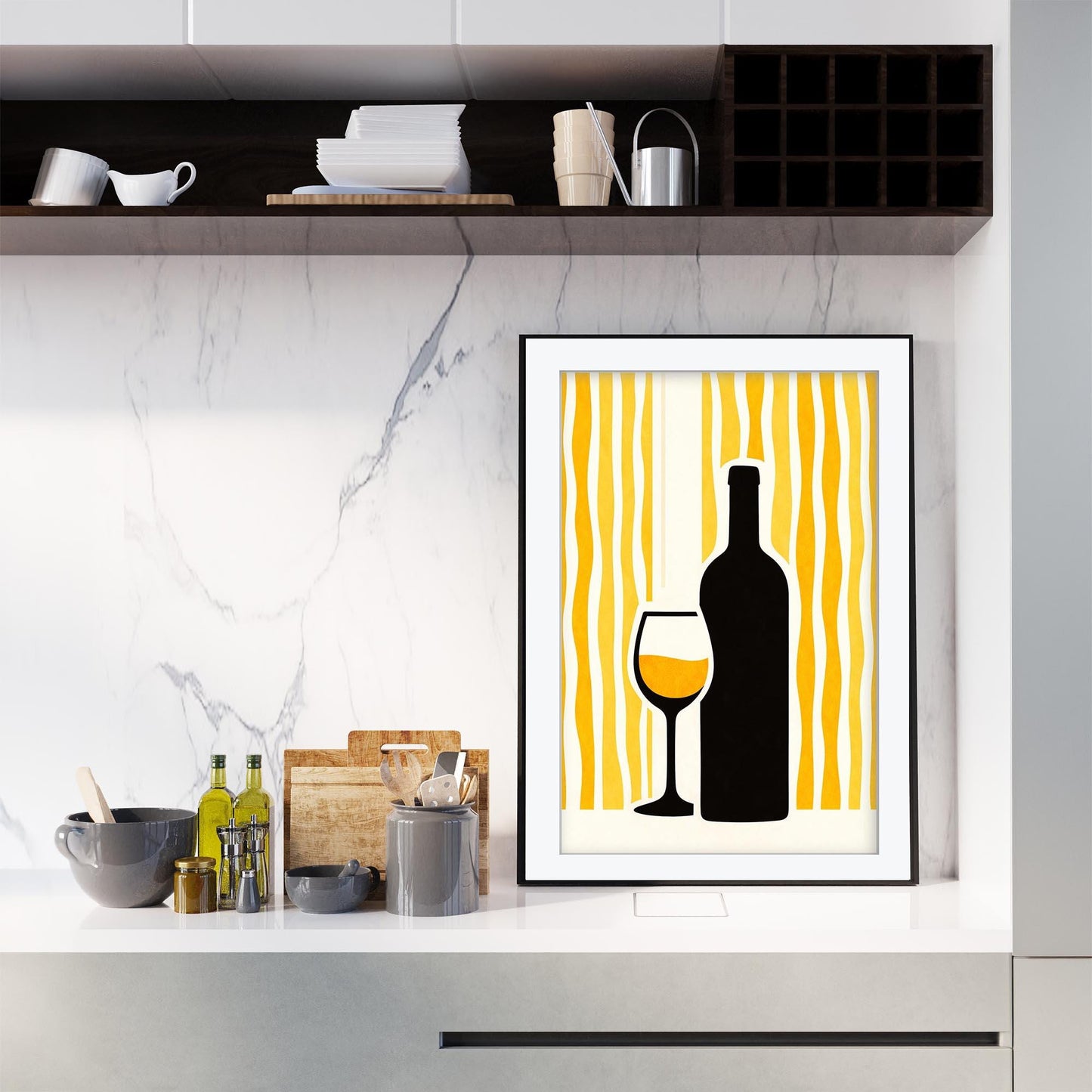 Wine Art Print, Retro Italian Kitchen Poster, Striped Still Life Wall Art, Mediterranean Bar Decor, Framed Giclee Print, Wine Lover Gift