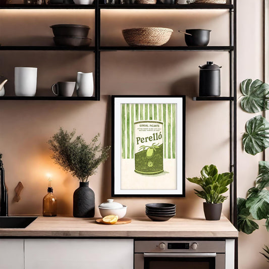Perello Olive Art Print, Gordal Picante Tin Poster, Striped Italian Kitchen Wall Art, Spanish Foodie Gift, Framed Art, Retro Cafe Decor