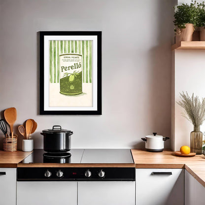 Perello Olive Art Print, Gordal Picante Tin Poster, Striped Italian Kitchen Wall Art, Spanish Foodie Gift, Framed Art, Retro Cafe Decor
