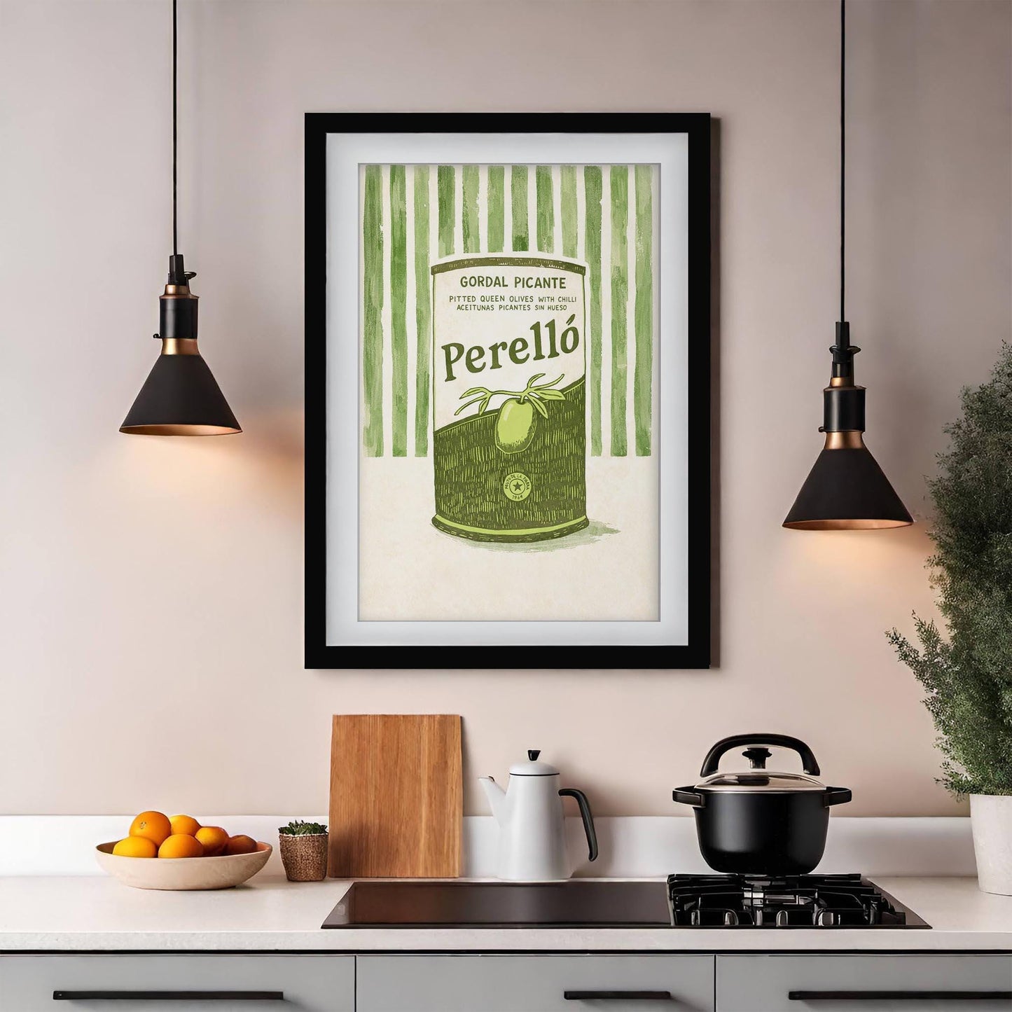 Perello Olive Art Print, Gordal Picante Tin Poster, Striped Italian Kitchen Wall Art, Spanish Foodie Gift, Framed Art, Retro Cafe Decor