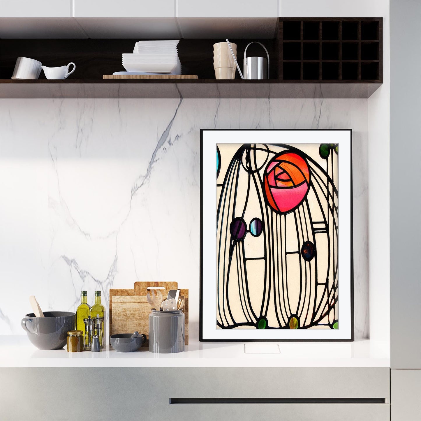 Charles Rennie Mackintosh Art Print, Glasgow Style Stained Glass Poster, Art Nouveau Kitchen Wall Art, Geometric Floral Decor, Framed Art