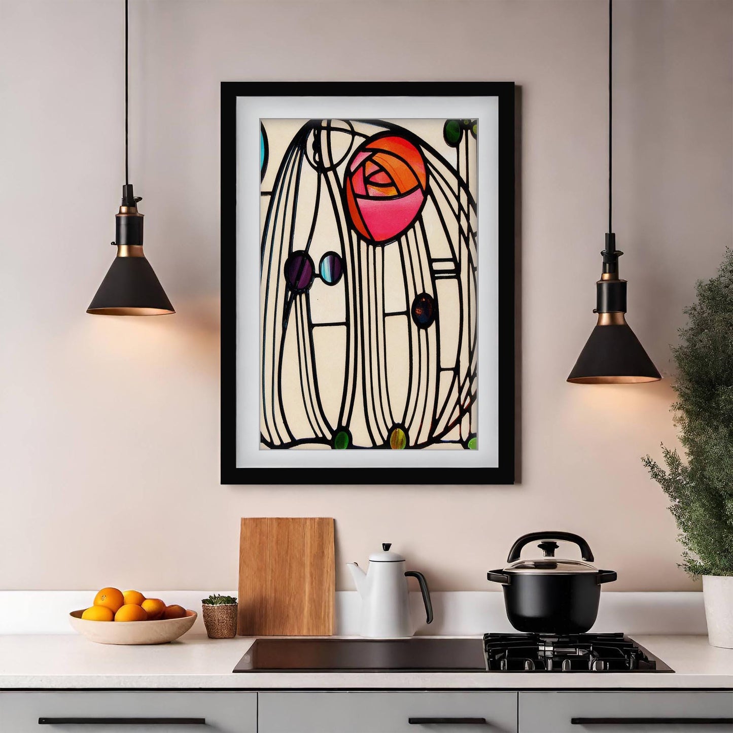 Charles Rennie Mackintosh Art Print, Glasgow Style Stained Glass Poster, Art Nouveau Kitchen Wall Art, Geometric Floral Decor, Framed Art
