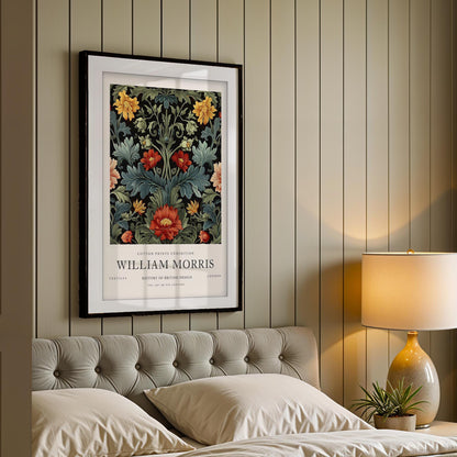 William Morris Bird & Anemone Print, Museum Exhibition Poster, Arts and Crafts Dark Botanical Wall Art, Paper Print, Framed  Art