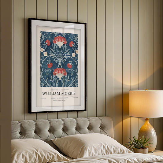 William Morris Floral Art Print, History of British Design Poster, Navy Blue Wall Art, Museum Poster, South Kensington Exhibition Decor
