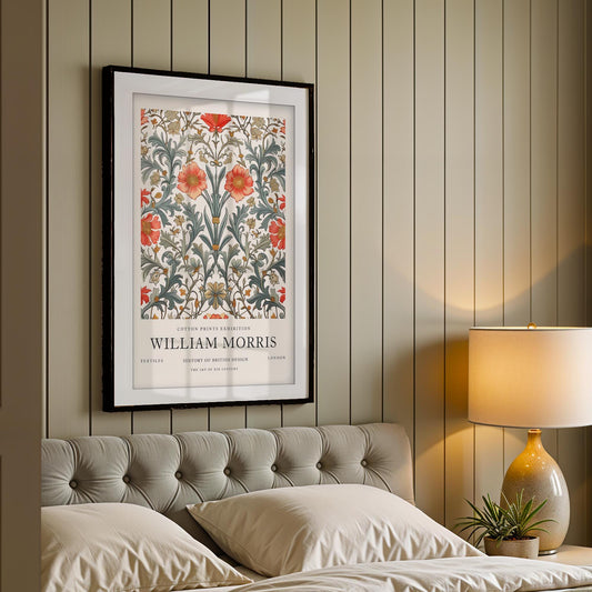 William Morris Framed Wall Art, Vintage Floral Cotton Print Exhibition Poster, Arts and Crafts Botanical Decor, British Design History