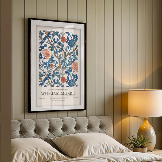 William Morris Framed Wall Art, Blue and Peach Vintage Floral Cotton Print Exhibition Poster, Arts & Crafts Botanical Decor, British Design