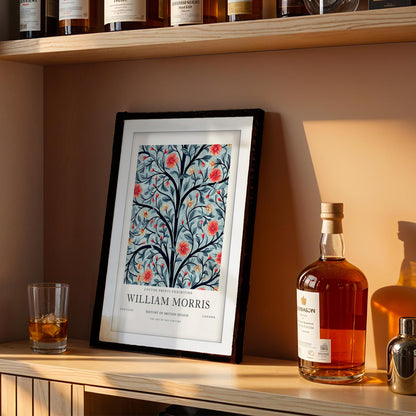 William Morris Framed Wall Art, Navy Tree of Life Floral Cotton Print Exhibition Poster, Arts and Crafts Botanical Decor, British Design