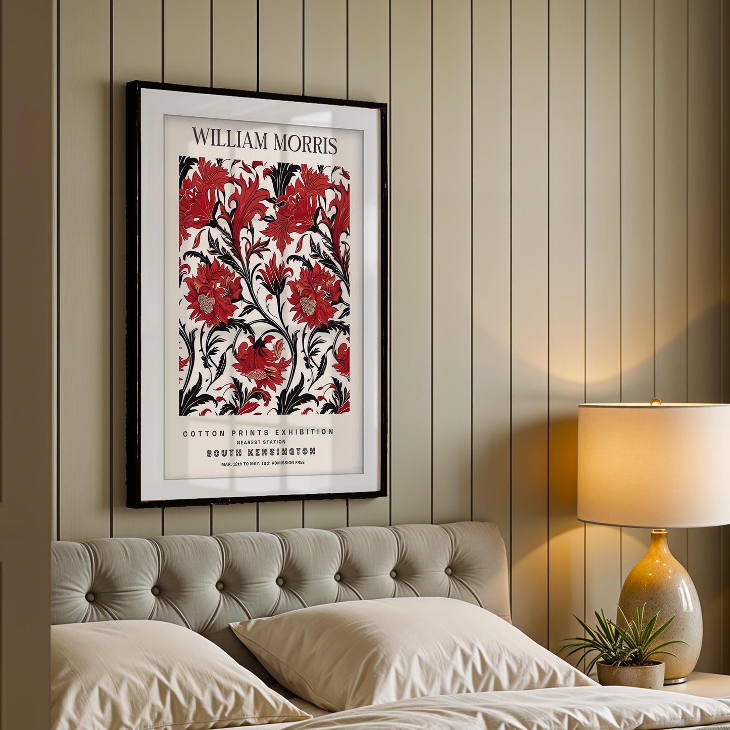 William Morris Framed Wall Art, Red and Black Floral Cotton Print South Kensington Exhibition Poster, Arts and Crafts Botanical Decor
