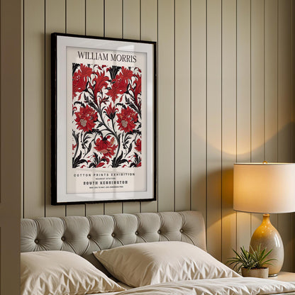 William Morris Framed Wall Art, Red and Black Floral Cotton Print South Kensington Exhibition Poster, Arts and Crafts Botanical Decor