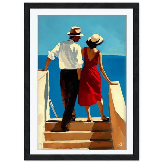 Coastal Wall Art Romantic Couple Print, Mediterranean Ocean View Poster, Red Dress Vintage Style Decor, Jacque - Ocean Blue Art Framed
