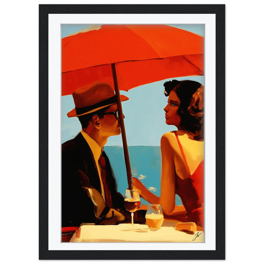 Seaside Café Wall Art | Romantic Couple Art Print | Red Umbrella Coastal Decor | Jacque  | Vintage  Beach House Poster